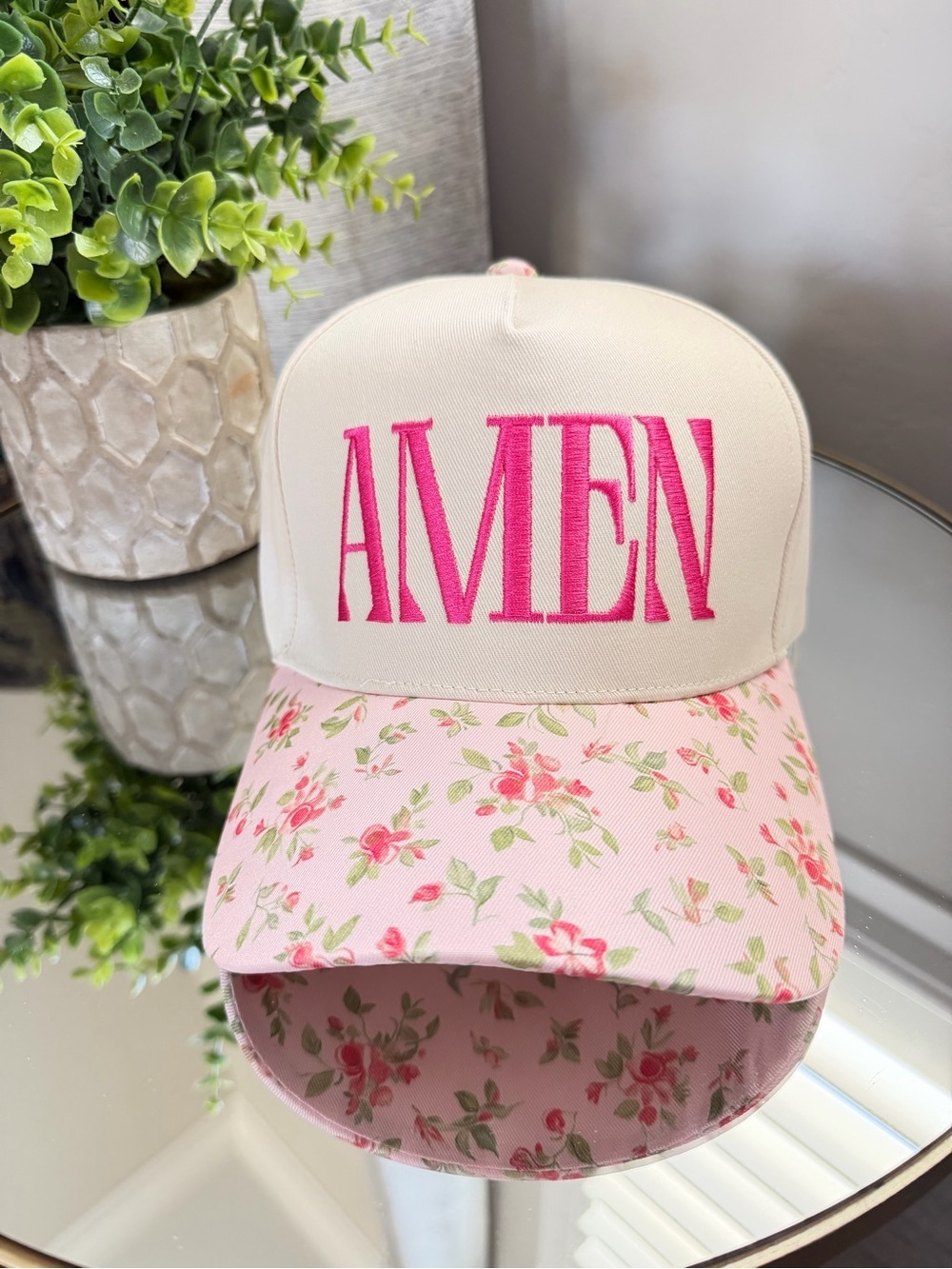 Amen Floral Brim Hat Pink Embroidered Adjustable Boutique Baseball Cap Cream